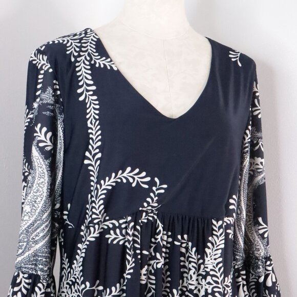 Ice Silk Women's 1X Navy Blue Paisley Polyester V-Neck Knee-Length Stretch Dress - Picture 4 of 10